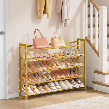 FAVOOSTY 5-Tier Expandable Shoe Rack, Adjustable Shoe Shelf Storage Organizer Space Saving Metal Free Standing Shoe Rack for Entryway Closet Doorway, Silver Grey (Gold, 5 Tier)
