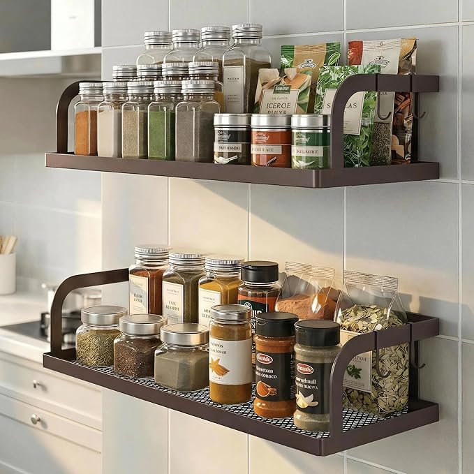 PUSDON 2-Pack 16.5" Extra Long Slim Hollowout Shower Caddy, Wall Mount Spice Rack & Bathroom Organizer, Mesh Bottom Cabinet Door Shelf Holds 50LBS - Vintage Bronze, Hollowout