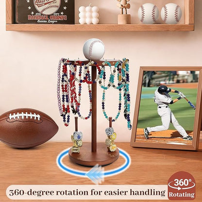 Baseball Necklace Holder,Baseball and Softball Jewelry Organizer,Wooden Ring Holder Display with Baseball Drip,360° Rotating Championship Ring Display.Baseball & Softball Gift for Players Fans.