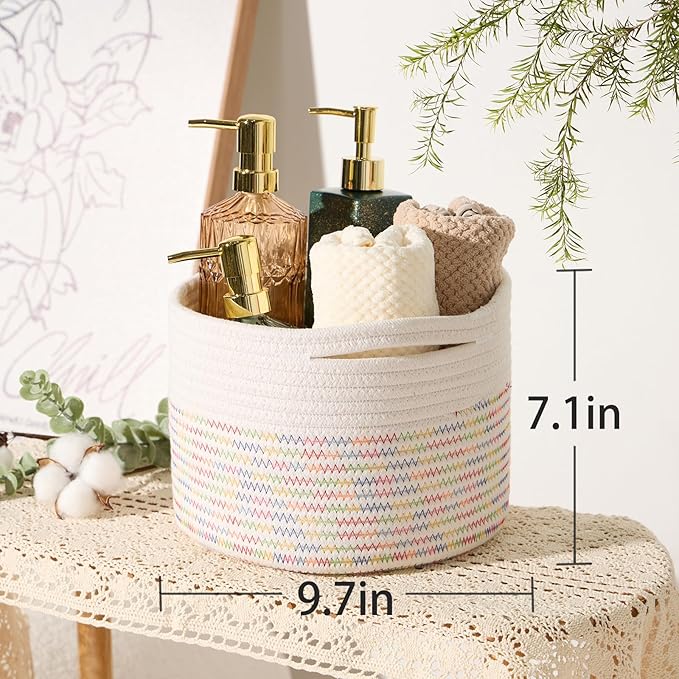 MiniArk Small Basket for Organizing | Cube Shelf Closet Storage Baskets | 9.7×9.7×7.1” | Woven Rope Gift Basket | Nursery | Round 3 Packs Rainbow
