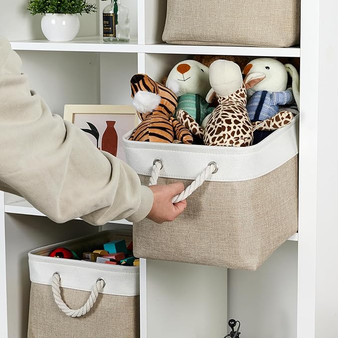 Temary Fabric Storage Baskets 4Pack Storage Bins Decorative Basket for Gift, Clothes Bin with Rope Handle, Rectangle Baskets for Storage, Blankets(White&Khaki,15x11x9.5 inch)