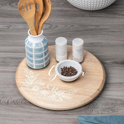 CounterArt Decorative Round Natural Wood Lazy Susan Turntable 14" Diameter Condiment Caddy, Cheese Server, Cake Plate, Spice Organization (Floral Gather)