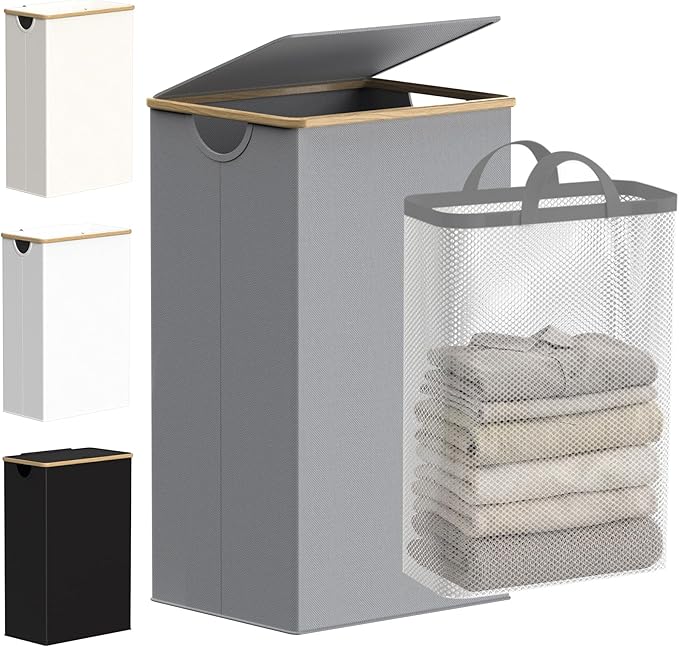 efluky Laundry Basket with Lid and Removable Bag, 100L Tall Laundry Hamper with Bamboo Handles, Aesthetic Dirty Clothes Bin for Laundry Room, Bathroom, Bedroom and Dorm, Silver Grey