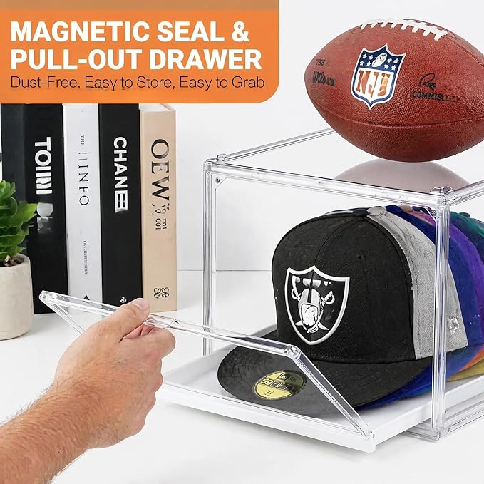 Hat Organizer for Baseball Caps, Clear Stackable Hat Storage Box with Magnetic Door & Sliding Drawer, Large Capacity, Dustproof Display Case for Closet 13