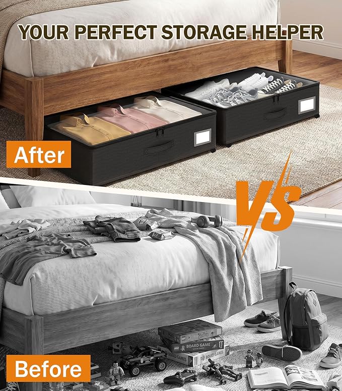 Under Bed Storage with Wheels 2-Pack, Under Bed Storage Containers, Underbed Box with Clear Lids, Rolling Underbed Storage bins for Shoes, Clothes, Blankets (25" L x 16.2" W x 5.5" H)