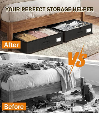 Under Bed Storage with Wheels 2-Pack, Under Bed Storage Containers, Underbed Box with Clear Lids, Rolling Underbed Storage bins for Shoes, Clothes, Blankets (25" L x 16.2" W x 5.5" H)