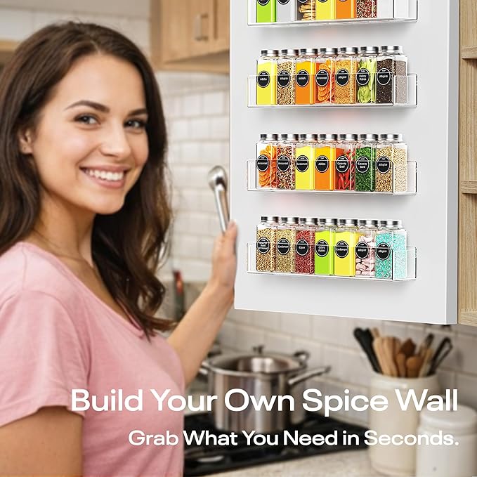 Wall Mounted Acrylic Spice Rack 4 Pack, 9 Inch Clear Pantry Door Organizer, Floating Spice Organizer, Adhesive or Screw Mounted Cabinet Seasoning Shelf