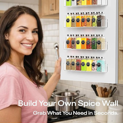 Wall Mounted Acrylic Spice Rack 4 Pack, 9 Inch Clear Pantry Door Organizer, Floating Spice Organizer, Adhesive or Screw Mounted Cabinet Seasoning Shelf