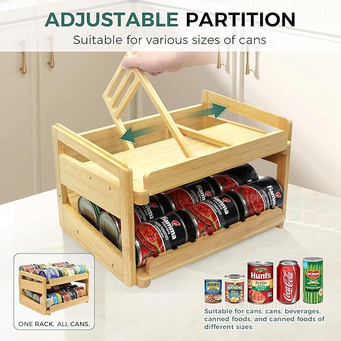 MinBoo Adjustable Can Organizer Rack, Two Tier Bamboo Stackable FIFO Cans Dispenser, Modern Style, Countertop, Assembly Required, Anti Shedding