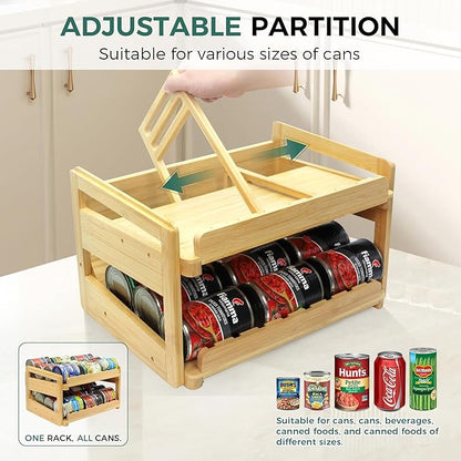 MinBoo Adjustable Can Organizer Rack, Two Tier Bamboo Stackable FIFO Cans Dispenser, Modern Style, Countertop, Assembly Required, Anti Shedding