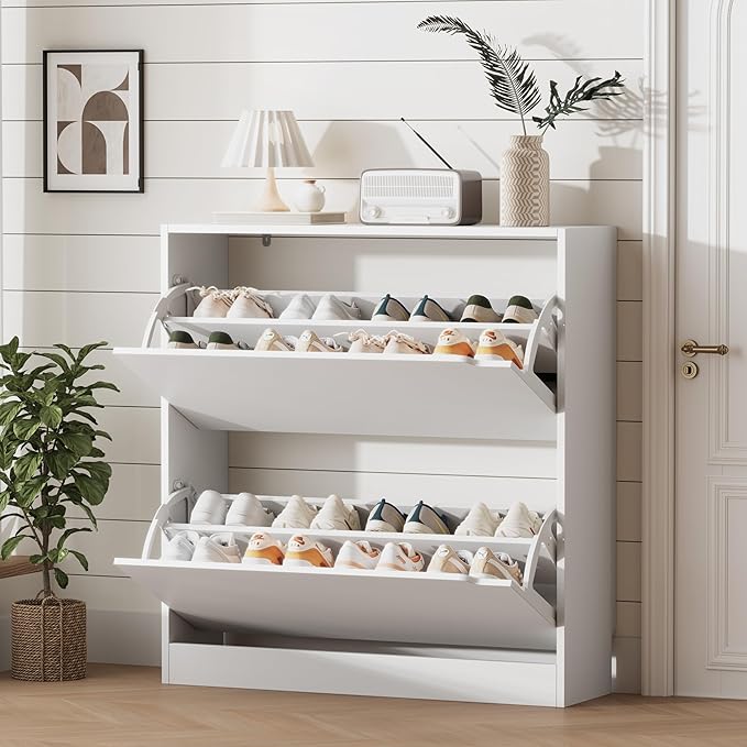 Xixini Shoe Storage Cabinet for Entryway with 2 Flip Drawers, Wood Freestanding Hidden Shoe Storage, Narrow Slim Sturdy Shoe Organizer for Front Door Entrance, Living Room, Hallway, Bedroom, White