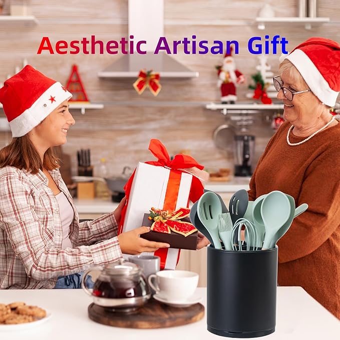 LIBODOUR Kitchen Utensil Holder Extra Large 360°Rotating For Counter Organizer Stainless Steel Storage Cooking Silverware Caddy 3 Compartment Flatware Spoon Spatula Tool Cutlery Container（Black）