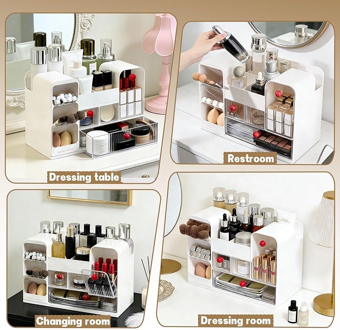 Makeup Organizer for Vanity with Brush Holder, Large Cosmetic & Skincare Organizer Countertop with Muti-Drawers, Cosmetic Display Case for Lipsticks, Nail Polishes, Perfumes, Eyeshadow (white)