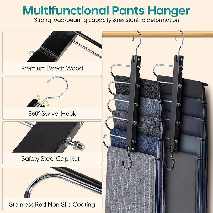 Whitmor Space Saving Pant Hangers, Foldable 5 Tier Closet Organizer with 360° Swivel Hook & Telescopic Rod, Vertical/Horizontal Hanging for Jeans, Scarves, Dorm, Travel, 2-Pack, Black
