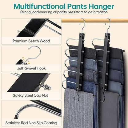 Whitmor Space Saving Pant Hangers, Foldable 5 Tier Closet Organizer with 360° Swivel Hook & Telescopic Rod, Vertical/Horizontal Hanging for Jeans, Scarves, Dorm, Travel, 2-Pack, Black