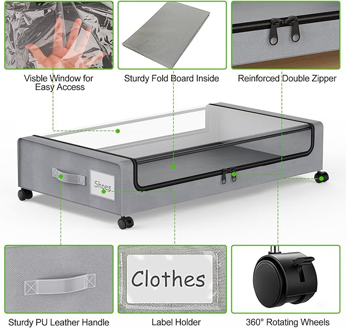 Molutsody Under Bed Storage with Wheels, 2-Pack Underbed Storage Containers with Clear Lids, Under Bed Shoe Storage Organizer Bins, Rolling Under Bed Storage for Clothes Shoes Blankets (Grey)