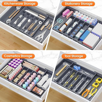 SpaceHacks Silverware Organizer，Adjustable & Expandable Utensil Drawer Organizer, BPA Free Utensil Holder, Cutlery Tray for Forks, Spoons, Knives in Kitchen, Large, Grey