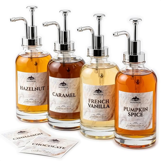 Set of 4 Glass Syrup Bottle with Pump 16.9oz 500 ml – Thick Glass Syrup Dispenser with 18 Marked Labels, Leak-Proof, Easy Cleaning – Coffee Bar Essentials for Home | Event Ready (Silver Pumps)