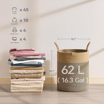Nunsino Laundry Hamper 62L,Large Laundry Basket for Clothes,Decorative Storage Basket for Blankets,Cotton Rope Woven basket for bedroom,Dark Brown