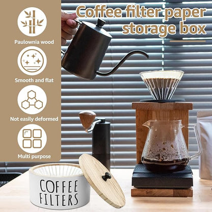 Coffee Filter Holder - Wooden Coffee Storage Container with Lid, Multipurpose Filter Dispenser, Sturdy Coffee Pod Organizer for Bar Counter Decor (White)