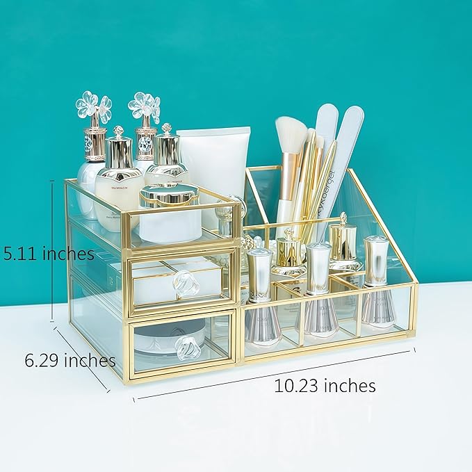 JIARI Glass Makeup Organizer with Drawer, Gold Brass Frame Jewelry Display Box, Nordic Style Cosmetic Storage for Vanity Bathroom Bedroom Office, 10.23x6.29x5.11 Inches (Storage Box-A32)