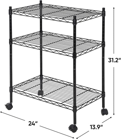 SUPER DEAL 3-Shelf Adjustable Heavy Duty Storage Wire Shelving Unit with Wheels, Metal Organizer Wire Rack Microwave Utility Cart, Black (24L x 14W x 31H)