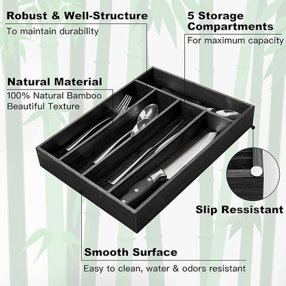 Besilord Bamboo Silverware Holder - Drawer Organizer with 5 Slots (Black)