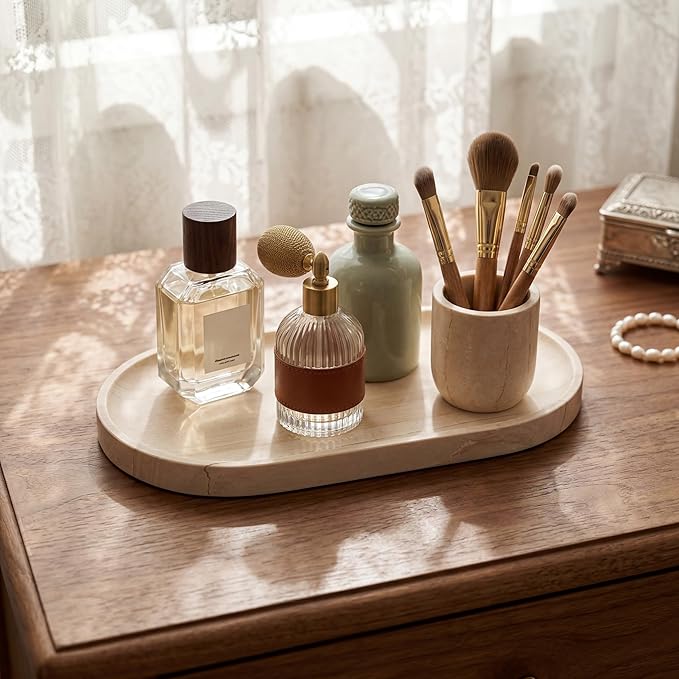 YKAJO Oval Real Marble Tray for Bathroom Kitchen Counter Stone Decorative Vanity Tray for Dresser Perfume Heavy Catchall Organizer for Soap Jewelry (Wooden Vein Beige, 11.8" x 5.9")
