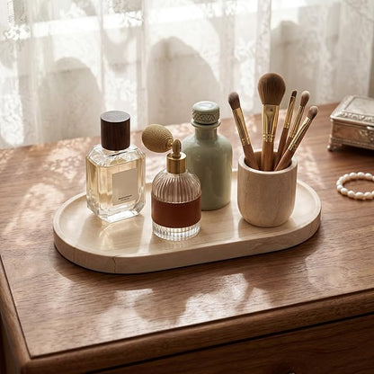 YKAJO Oval Real Marble Tray for Bathroom Kitchen Counter Stone Decorative Vanity Tray for Dresser Perfume Heavy Catchall Organizer for Soap Jewelry (Wooden Vein Beige, 11.8" x 5.9")
