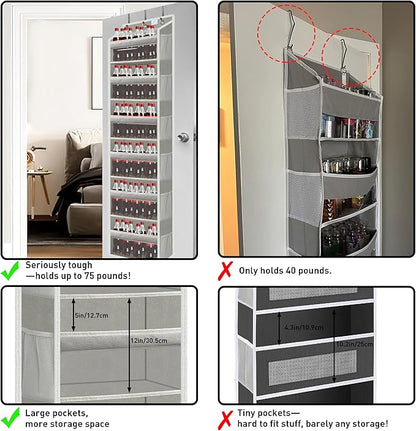 Over the Door Organizer Storage 6 Tier, 12 Large Capacity Side Pockets, Heavy Duty Metal Reinforced Hook Anti Tilt 75 LB Load Behind Door Storage for Bedroom Bathroom Pantry Nursery