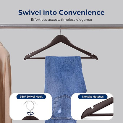 SereneLife 20 Brown Wooden Hangers Non-Slip Heavy Duty Suit and Coat Hanger Set with Chrome 360° Swivel Hooks Notches and Pants Bar Design for Closet Organization Clothes Durable 10 lb Capacity