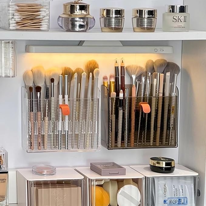 Wall-mounted Makeup Organizers, 16-Slot Eyeliner Lip Liner Organizer Holder, Makeup Organizer for Brush, Makeup Pencils, Concealer Pencil Display Case for Vanity Bathroom (Transparent White)