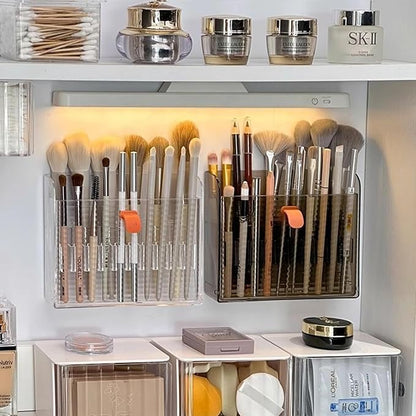 Wall-mounted Makeup Organizers, 16-Slot Eyeliner Lip Liner Organizer Holder, Makeup Organizer for Brush, Makeup Pencils, Concealer Pencil Display Case for Vanity Bathroom (Transparent White)