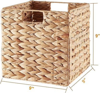 Vagusicc Storage Basket, Set of 2 Hand-woven Water Hyacinth Storage Baskets, Foldable Wicker Storage Basket 9 Inch Cube Storage Bins for Shelves Organizer Square Shelf Baskets, 9''x9''x9''