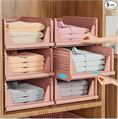 SNSLXH 5 Pack Stackable Closet Organizer Box, Multifunctional & Foldable Closet Storage Basket for Bathroom Kitchen Laundry Room Wardrobe Storage, Space-Saving Clothes Storage Drawer Organizer, Pink