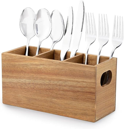 VIVIRBIEN Acacia Wooden Silverware Holder, Kitchen Utensil Caddy with 3 Compartments, Cutlery Storage Organizer Countertop, Flatware Organizer for Party, Spoon, Fork Holder