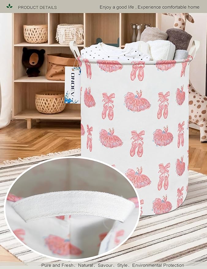 Round Collapsible Laundry Hamper for Girls,Waterproof Pink Ballerina Dance Shoes Print Storage Bin,Large Capacity Toy Organizer for Kids Room Nursery Playroom,Ideal New Parent Gift