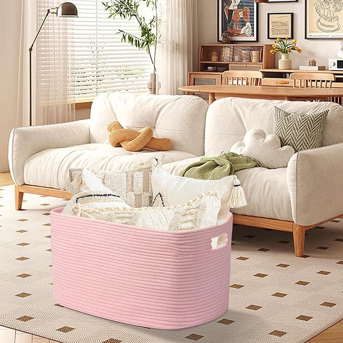 75L Large Woven Storage Basket, Pink Cotton Rope Laundry Hamper with Handles, 22”x17”x12” Rectangle Blanket Basket for Toys, Clothes, Pillows, Nursery and Living Room,Shelf Basket