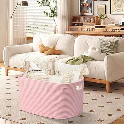 75L Large Woven Storage Basket, Pink Cotton Rope Laundry Hamper with Handles, 22”x17”x12” Rectangle Blanket Basket for Toys, Clothes, Pillows, Nursery and Living Room,Shelf Basket