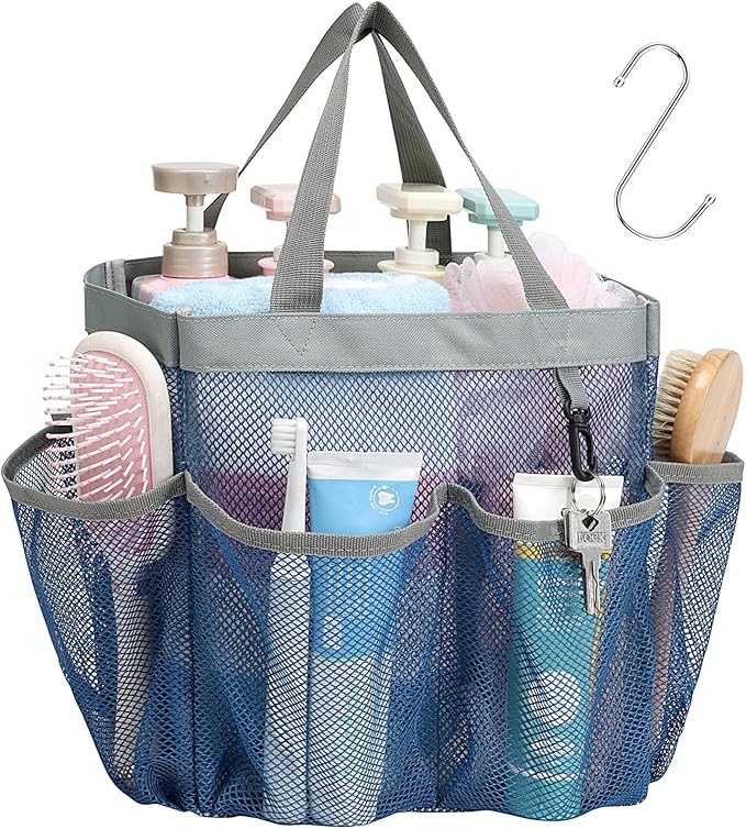 F-color Mesh Shower Caddy Portable - Navy Blue, Upgrade Deeper 7 Pockets Shower Bag Basket Tote for College Dorm Room Toiletry Bathroom Essentials Gym Camp Quick Dry 2 handles with S Hook