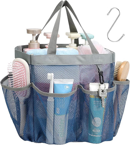 F-color Mesh Shower Caddy Portable - Navy Blue, Upgrade Deeper 7 Pockets Shower Bag Basket Tote for College Dorm Room Toiletry Bathroom Essentials Gym Camp Quick Dry 2 handles with S Hook