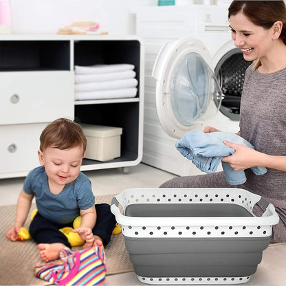 Lavish Home Collapsible Plastic Laundry Basket - Space-Saving Portable Clothes Hamper with Comfort Grip Handles for Laundry Room Organization and Storage (Gray)