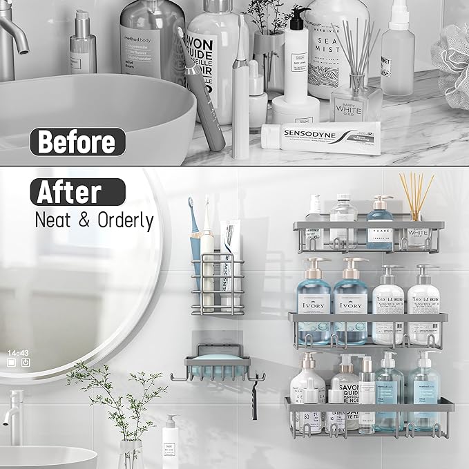 Liuoud 10 Pack Shower Caddy Organizer Rack Shelf for Inside Shower, Self Adhesive Wall Storage Basket Rustproof Stainless Steel Shampoo Holder Bathroom Accessory Decor Set, Grey