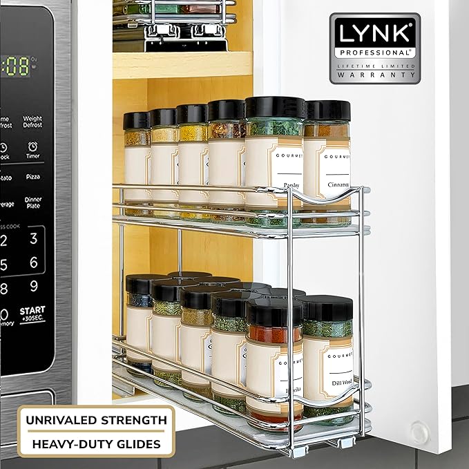 LYNK PROFESSIONAL® Pull Out Spice Organization for Cabinets - 4-3/8 inch Wide – Spice Rack for Inside Cabinets, Slide Out Spice Rack Organizer for cabinet – Pull Out Spice Rack, Sliding 2 Tier Chrome