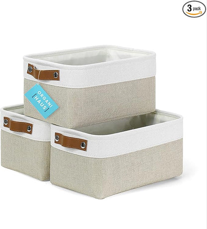OrganiHaus 12x8in Canvas Storage Baskets 3 Pack | SMALL Fabric Bins for Shelves | Pantry & Bathroom Organizer | Beige/Off-White