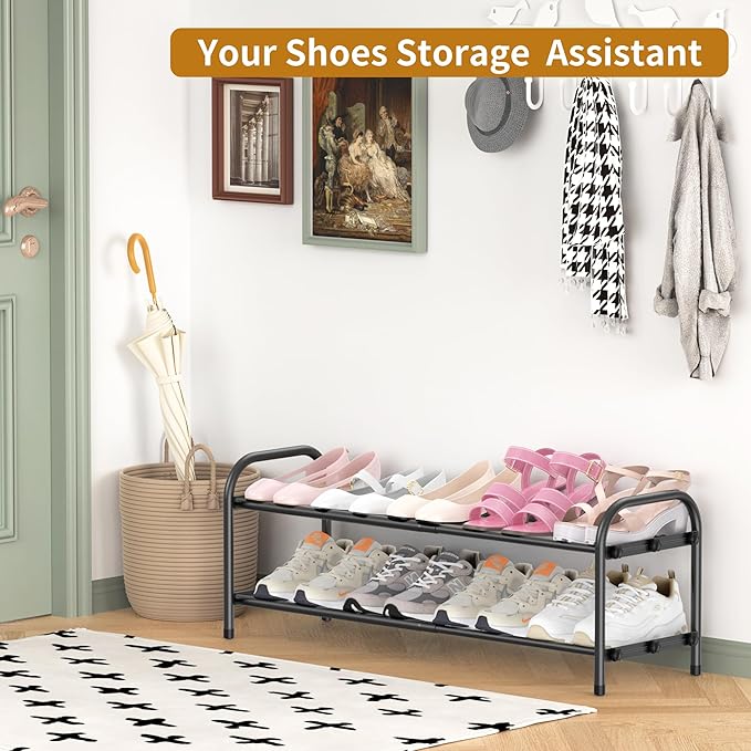 Hleelomi 2-Tier Expandable Shoe Rack for Entryway，Adjustable Metal Shoe Organizer for Closet,Living Room,Dorm,Black