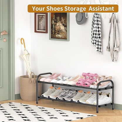 Hleelomi 2-Tier Expandable Shoe Rack for Entryway，Adjustable Metal Shoe Organizer for Closet,Living Room,Dorm,Black