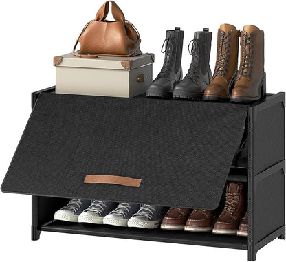 Shoe Rack, 3 Tier Shoe Storage Cabinet with Door 12 Pair Plastic Shoe Shelves Organizer for Closet, Entryway, Hallway, Bedroom, Black