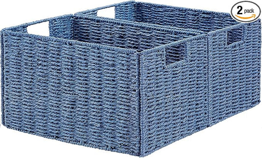 Vagusicc Wicker Storage Basket, Set of 2 Hand-Woven Paper Rope Wicker Basket, Small Storage Baskets for Organizing Toilet Paper Basket, Foldable Large Cube Storage Organizer Bins for Shelves (Blue)