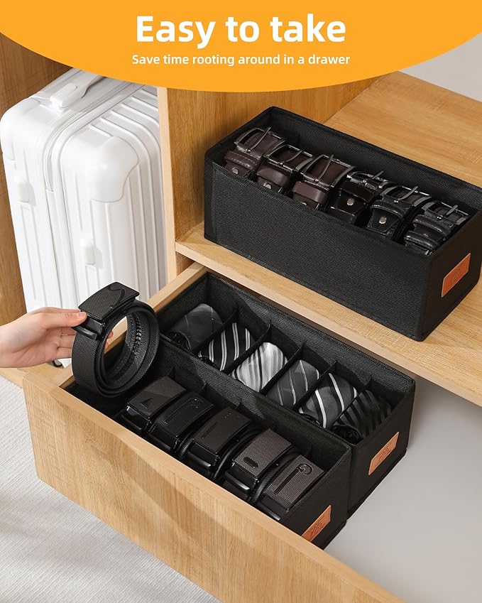 4 PCS Belt Organizer for Closet, 6 Grids Belt Holder, Washable Belt Box, Foldable Tie Organizer for Men, Belt Storage for Drawer (Black, 13.38inch)
